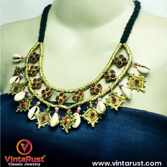 Tribal Golden Beaded Necklace, Vintage Choker Necklace With Dangling Golden - Picture 4 of 6